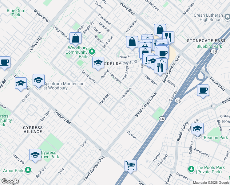 map of restaurants, bars, coffee shops, grocery stores, and more near 45 Herringbone in Irvine