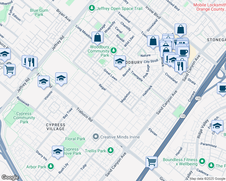 map of restaurants, bars, coffee shops, grocery stores, and more near 21-25 Donovan in Irvine