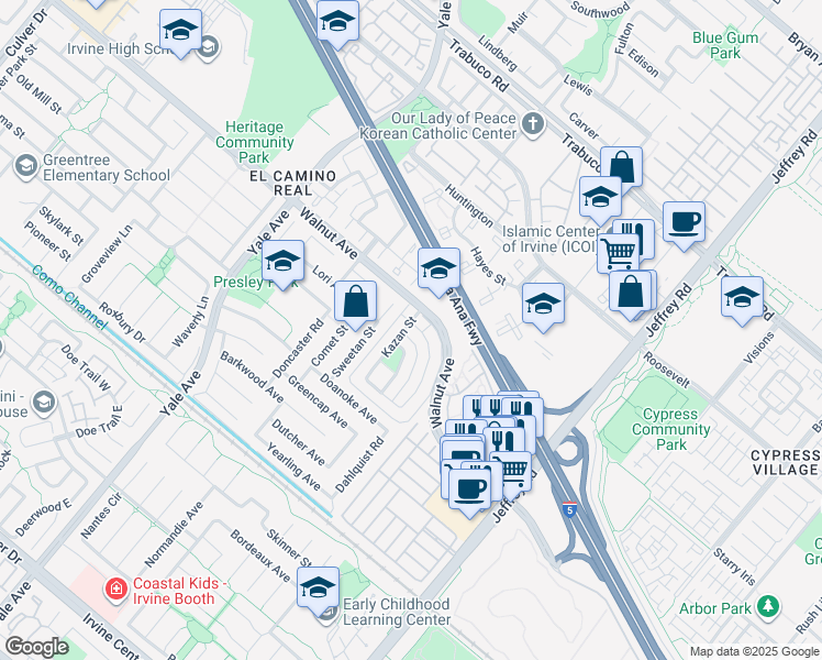 map of restaurants, bars, coffee shops, grocery stores, and more near in Irvine