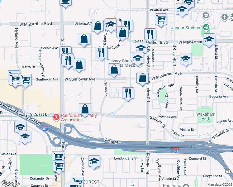 map of restaurants, bars, coffee shops, grocery stores, and more near 1323 Corte Alemano in Costa Mesa