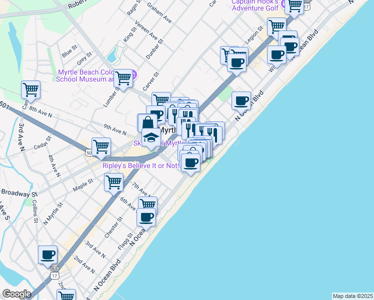 map of restaurants, bars, coffee shops, grocery stores, and more near 301 Mr. Joe White Avenue in Myrtle Beach
