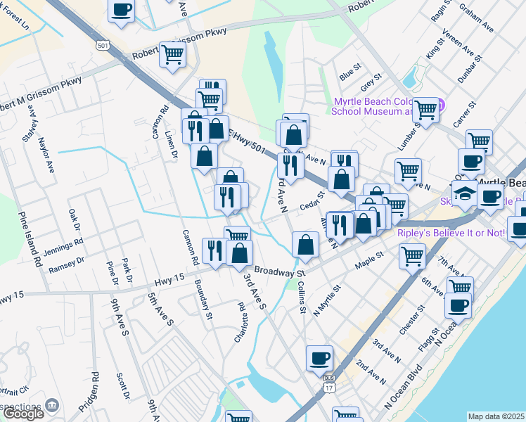 map of restaurants, bars, coffee shops, grocery stores, and more near 201 Cedar Street in Myrtle Beach
