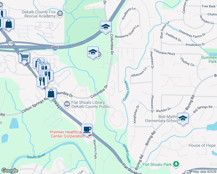 map of restaurants, bars, coffee shops, grocery stores, and more near 3336 Springside Trce in Decatur
