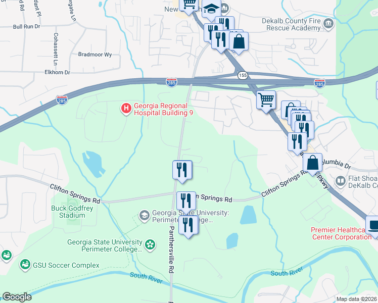 map of restaurants, bars, coffee shops, grocery stores, and more near 3130 Panthersville Road in Decatur
