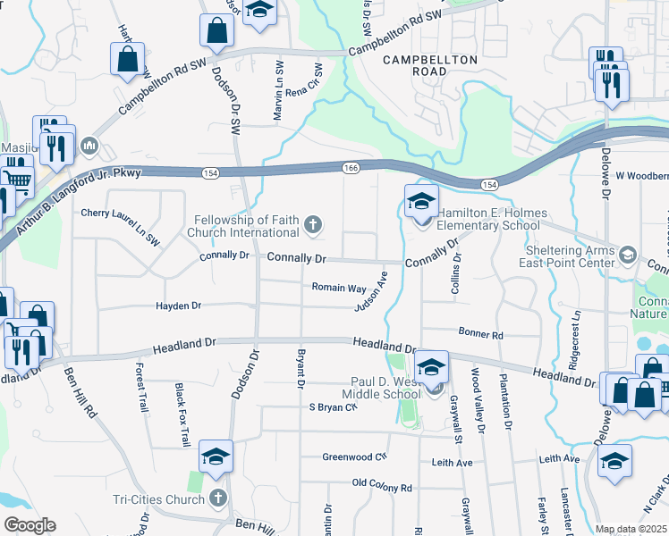 map of restaurants, bars, coffee shops, grocery stores, and more near 2508 Connally Drive in Atlanta