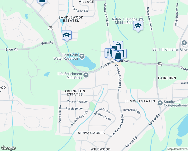map of restaurants, bars, coffee shops, grocery stores, and more near 2319 El Paso Road Southwest in Atlanta