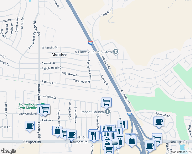 map of restaurants, bars, coffee shops, grocery stores, and more near 27547 Terrytown Road in Menifee