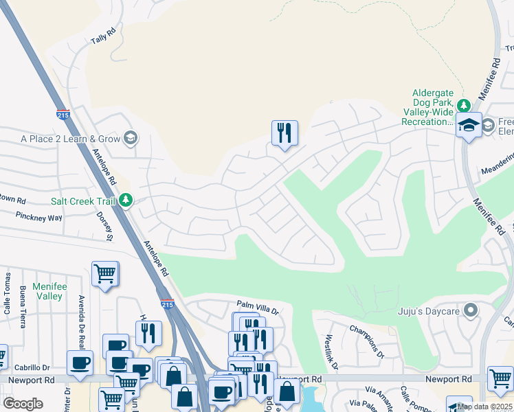 map of restaurants, bars, coffee shops, grocery stores, and more near 28174 Glenside Court in Menifee