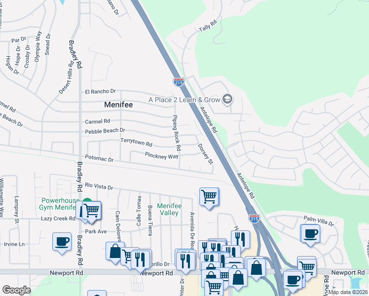 map of restaurants, bars, coffee shops, grocery stores, and more near 27508 Terrytown Road in Menifee