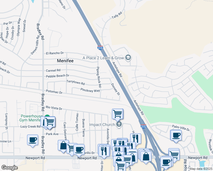map of restaurants, bars, coffee shops, grocery stores, and more near 27547 Terrytown Road in Menifee