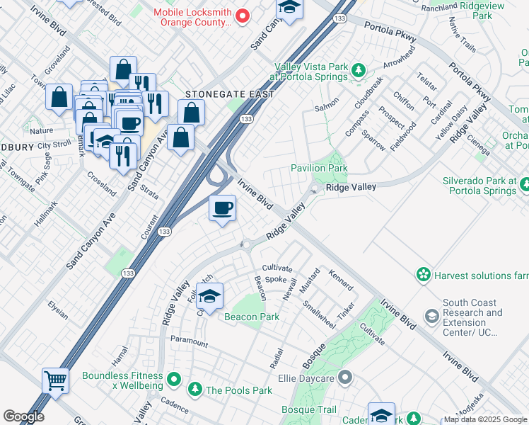 map of restaurants, bars, coffee shops, grocery stores, and more near 165 Tenor in Irvine