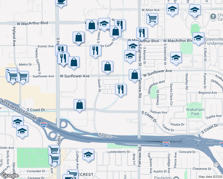 map of restaurants, bars, coffee shops, grocery stores, and more near 3356 Via Parma in Costa Mesa