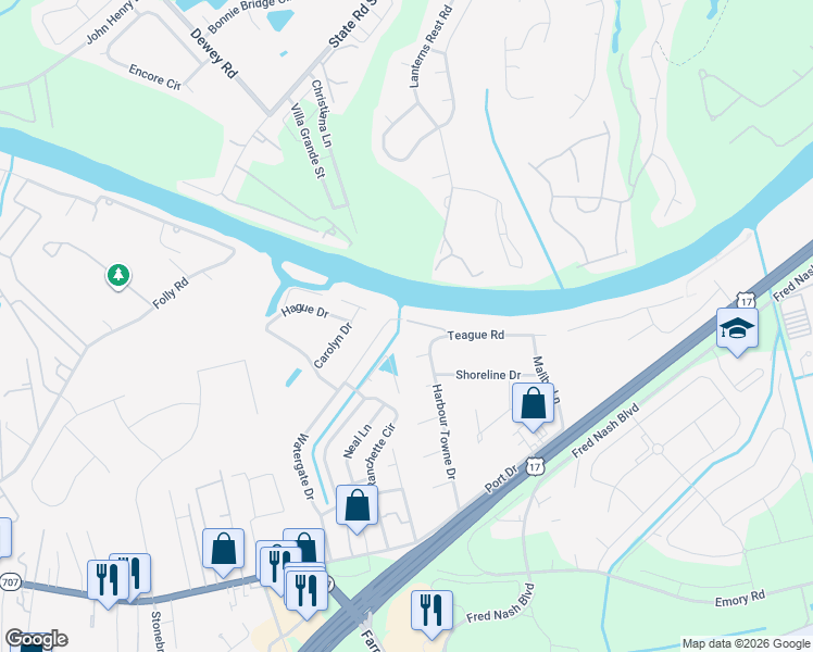 map of restaurants, bars, coffee shops, grocery stores, and more near 5081 Watergate Drive in Myrtle Beach