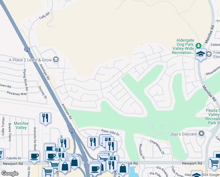 map of restaurants, bars, coffee shops, grocery stores, and more near 28174 Glenside Court in Menifee