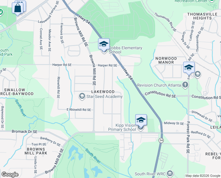 map of restaurants, bars, coffee shops, grocery stores, and more near 2201 Burroughs Avenue Southeast in Atlanta