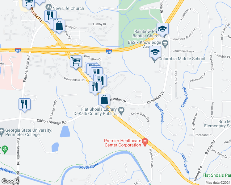 map of restaurants, bars, coffee shops, grocery stores, and more near 2956 Vining Ridge Lane in Decatur