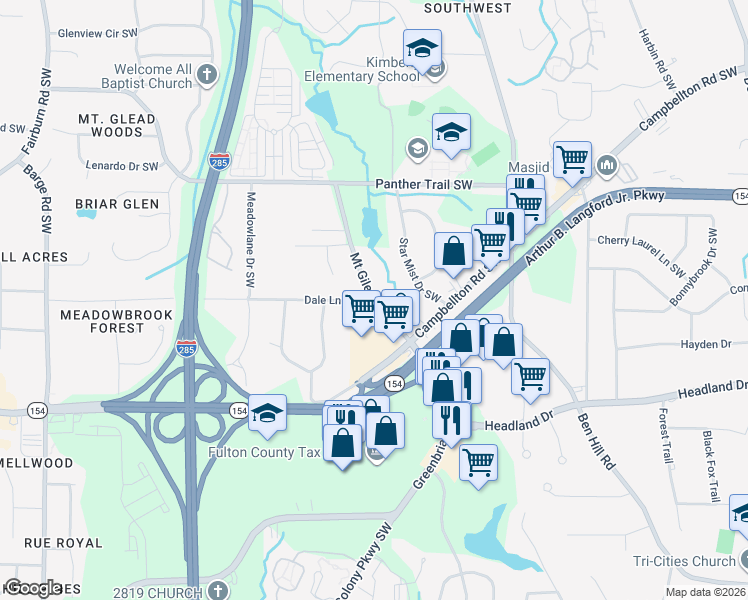 map of restaurants, bars, coffee shops, grocery stores, and more near 3053 Mount Gilead Road Southwest in Atlanta