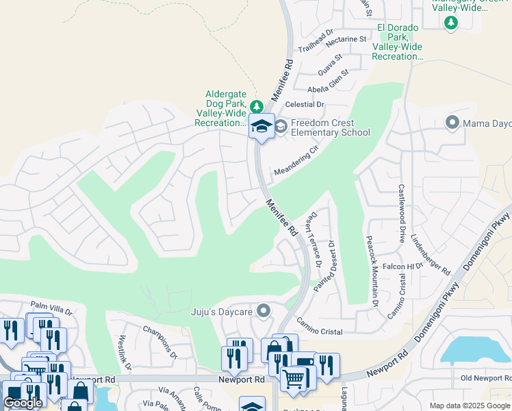 map of restaurants, bars, coffee shops, grocery stores, and more near 28973 Baywater Drive in Menifee