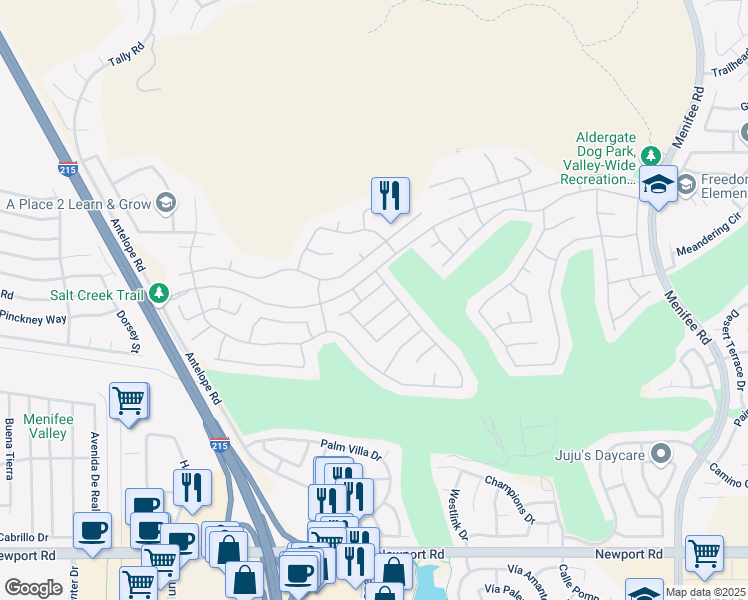 map of restaurants, bars, coffee shops, grocery stores, and more near 28249 Glenside Court in Menifee