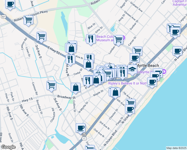 map of restaurants, bars, coffee shops, grocery stores, and more near 925 U.S. 501 in Myrtle Beach