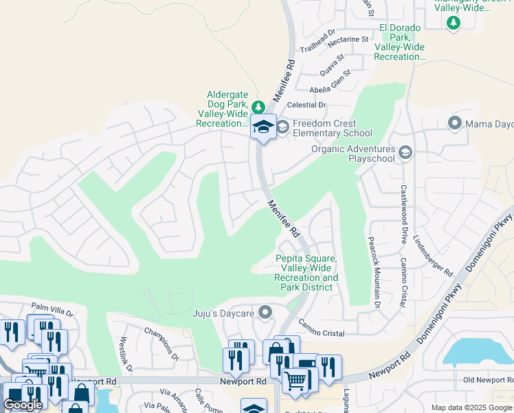 map of restaurants, bars, coffee shops, grocery stores, and more near 28973 Baywater Drive in Menifee