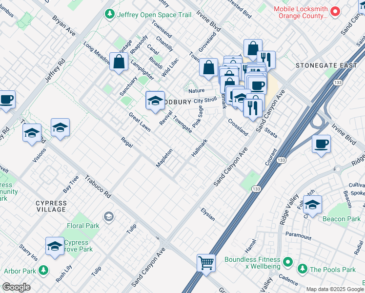 map of restaurants, bars, coffee shops, grocery stores, and more near 50 Herringbone in Irvine