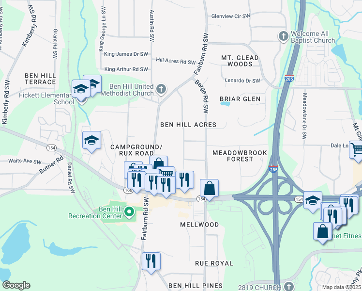 map of restaurants, bars, coffee shops, grocery stores, and more near 2223 Pemberton Road Southwest in Atlanta