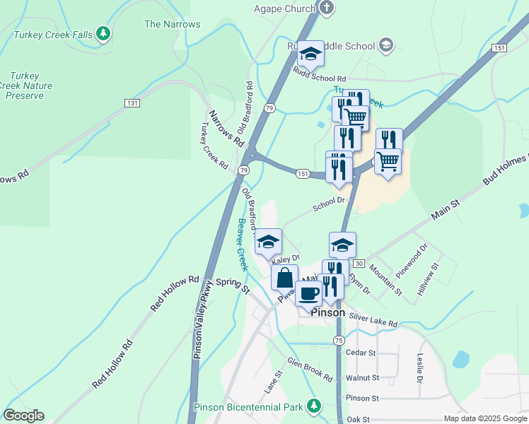 map of restaurants, bars, coffee shops, grocery stores, and more near 6551 Alabama 151 in Pinson