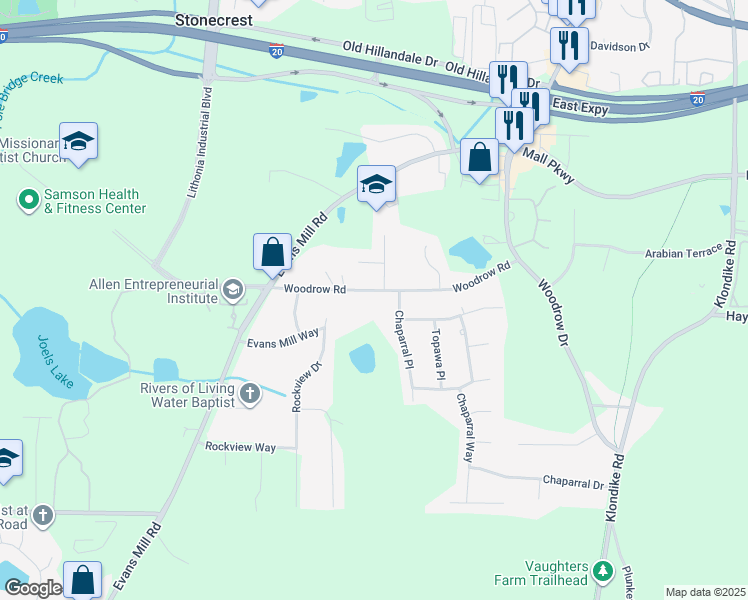 map of restaurants, bars, coffee shops, grocery stores, and more near 6547 Woodrow Road in Stonecrest