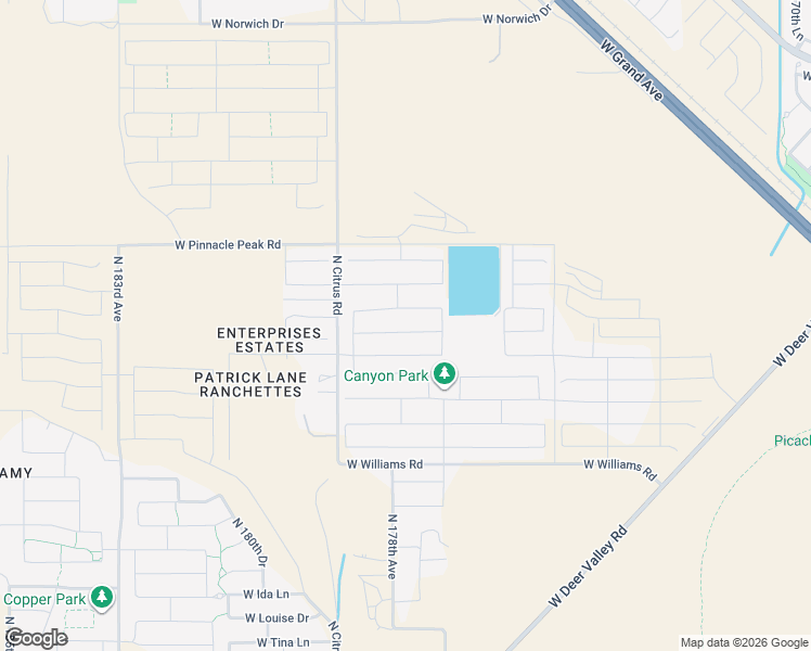 map of restaurants, bars, coffee shops, grocery stores, and more near 17792 West Jessie Lane in Surprise