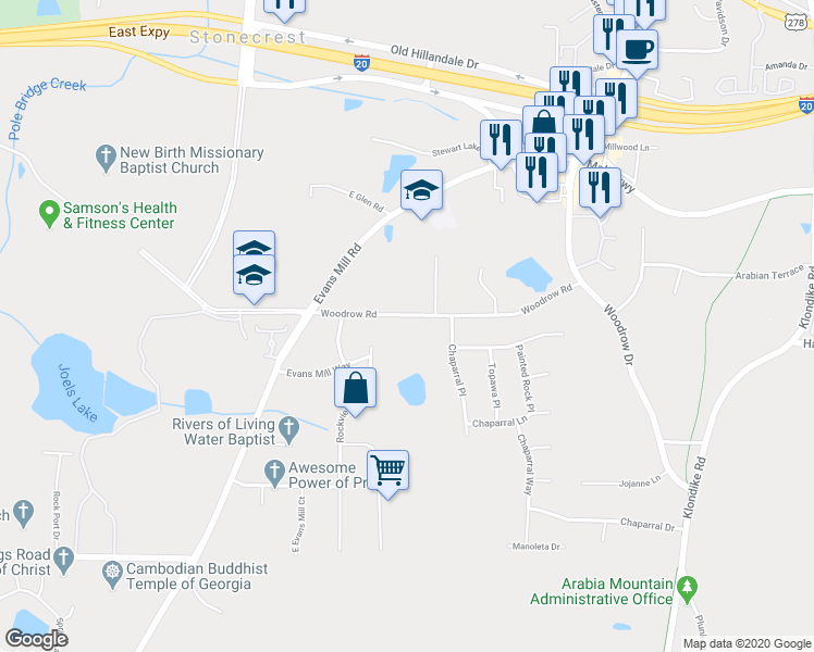 map of restaurants, bars, coffee shops, grocery stores, and more near 6547 Woodrow Road in Stonecrest
