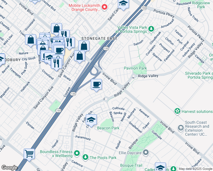map of restaurants, bars, coffee shops, grocery stores, and more near 104 Tenor in Irvine