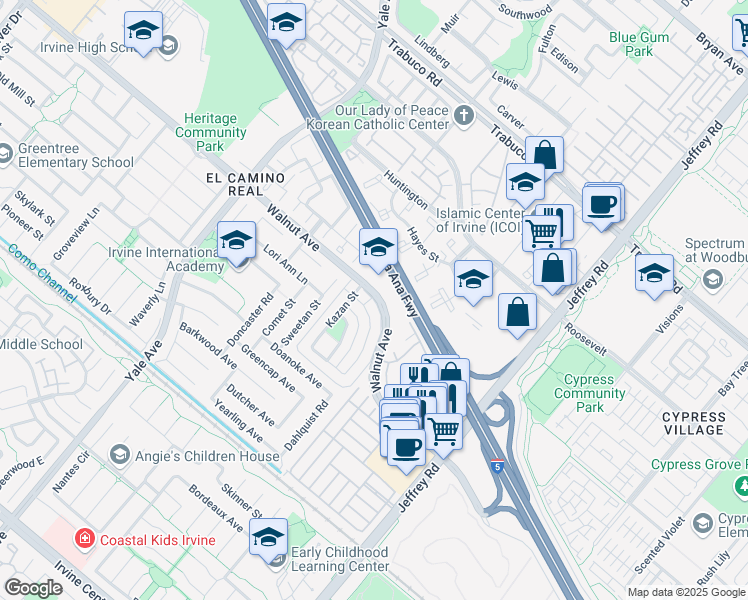 map of restaurants, bars, coffee shops, grocery stores, and more near 5101 Walnut Avenue in Irvine