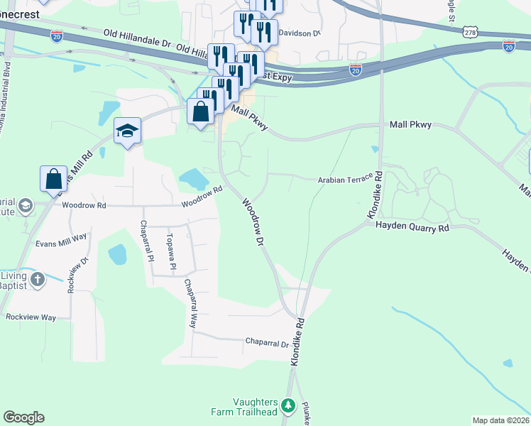 map of restaurants, bars, coffee shops, grocery stores, and more near 3062 Woodrow Drive in Stonecrest