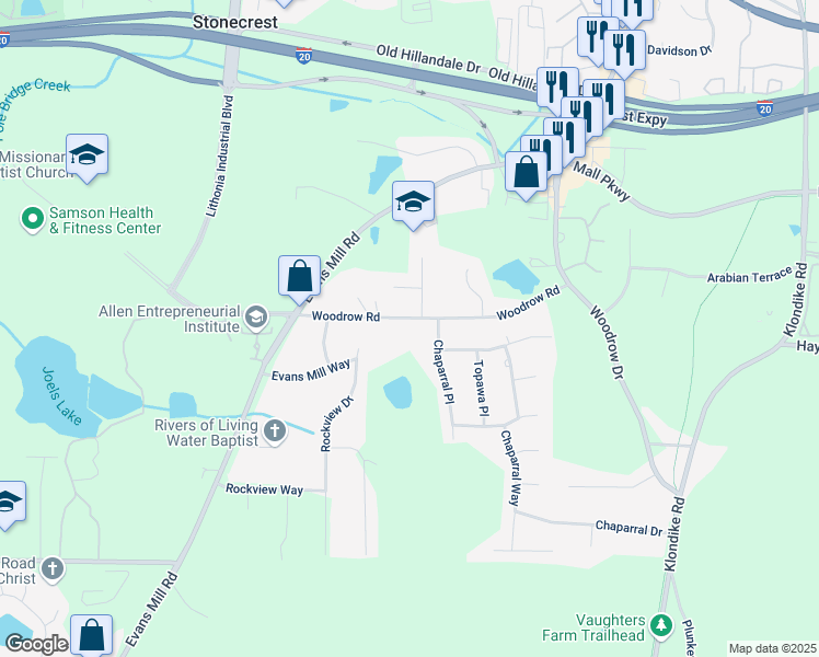 map of restaurants, bars, coffee shops, grocery stores, and more near 6547 Woodrow Road in Stonecrest