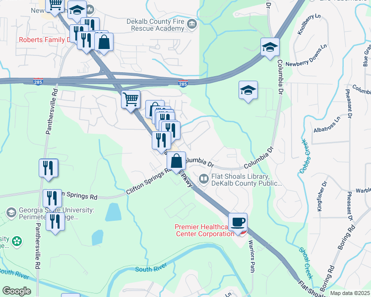 map of restaurants, bars, coffee shops, grocery stores, and more near Vining Ridge Lane in DeKalb County