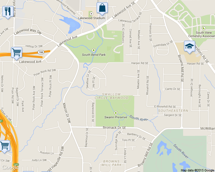 map of restaurants, bars, coffee shops, grocery stores, and more near 2500 Swallow Circle Southeast in Atlanta
