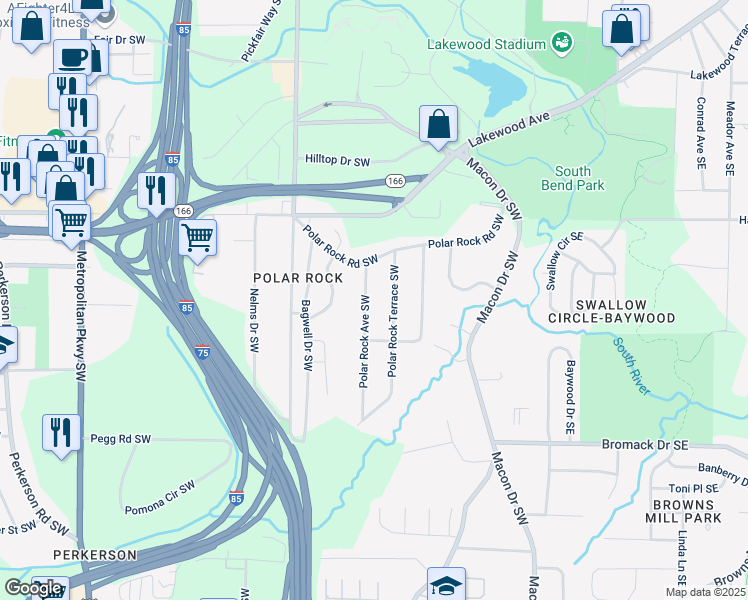 map of restaurants, bars, coffee shops, grocery stores, and more near 2210 Polar Rock Avenue Southwest in Atlanta