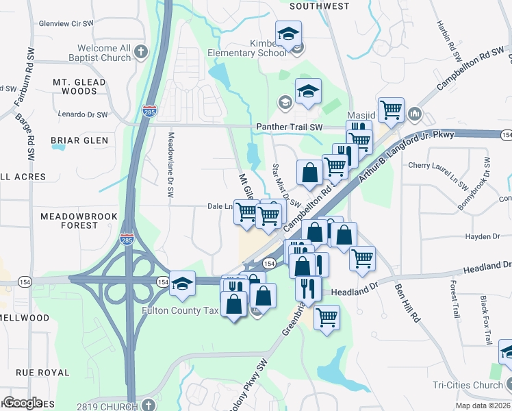 map of restaurants, bars, coffee shops, grocery stores, and more near 3053 Mount Gilead Road Southwest in Atlanta