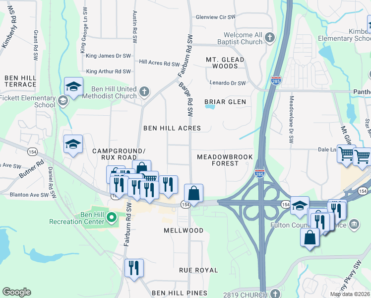 map of restaurants, bars, coffee shops, grocery stores, and more near 3625 Pine Knoll Avenue Southwest in Atlanta