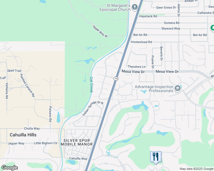 map of restaurants, bars, coffee shops, grocery stores, and more near 48724 Desert Flower Drive in Palm Desert