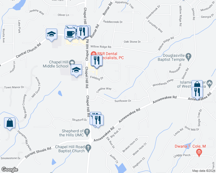 map of restaurants, bars, coffee shops, grocery stores, and more near 4404 Treeline Way in Douglasville