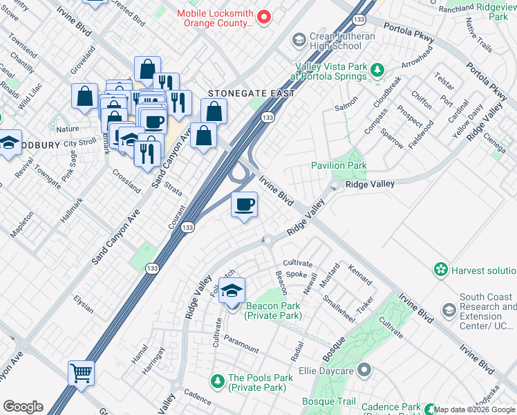 map of restaurants, bars, coffee shops, grocery stores, and more near 109 Mirth in Irvine