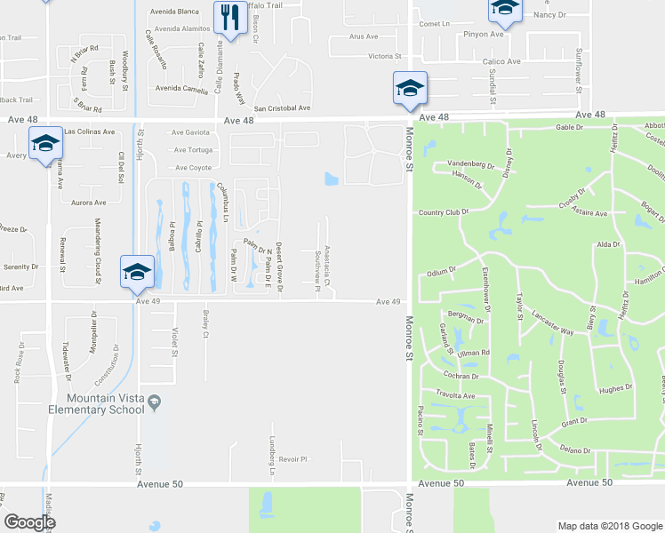 map of restaurants, bars, coffee shops, grocery stores, and more near 48746 Anastacia Court in Indio