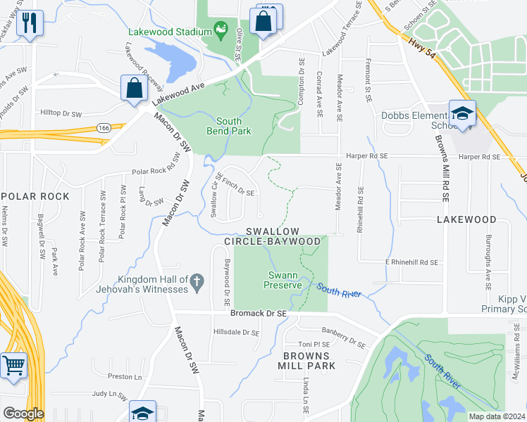 map of restaurants, bars, coffee shops, grocery stores, and more near 2500 Swallow Circle Southeast in Atlanta