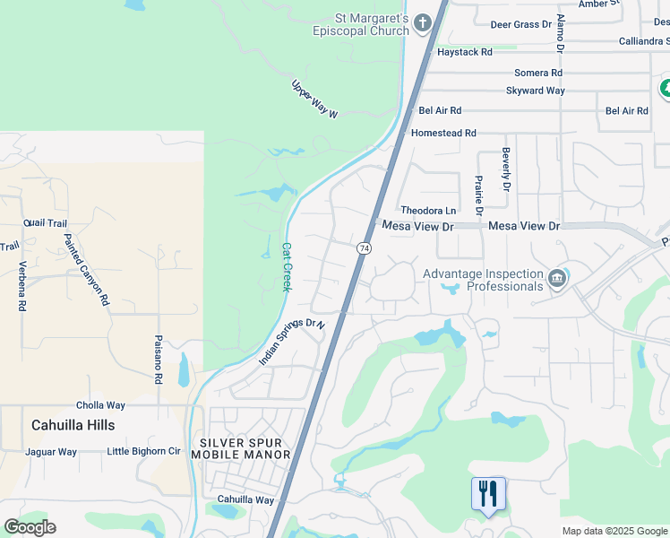 map of restaurants, bars, coffee shops, grocery stores, and more near 48728 Desert Flower Drive in Palm Desert