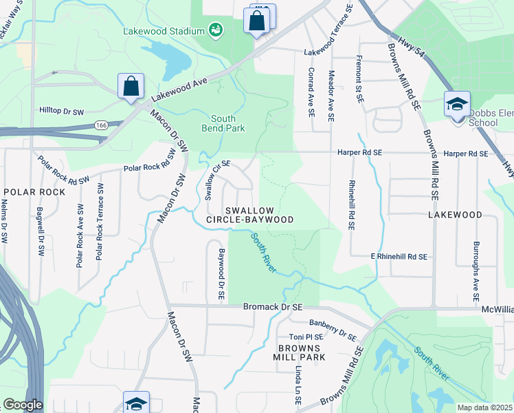 map of restaurants, bars, coffee shops, grocery stores, and more near 2485 Swallow Circle Southeast in Atlanta