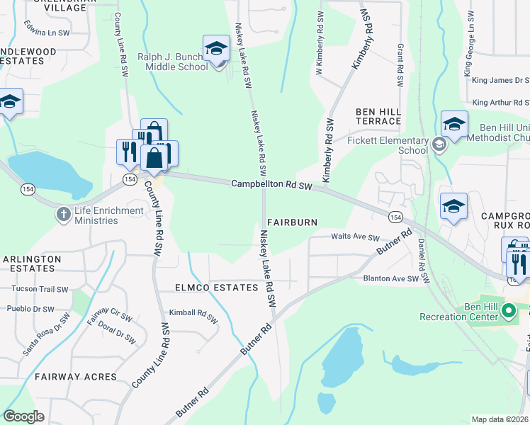 map of restaurants, bars, coffee shops, grocery stores, and more near 2200 Niskey Lake Road Southwest in Atlanta