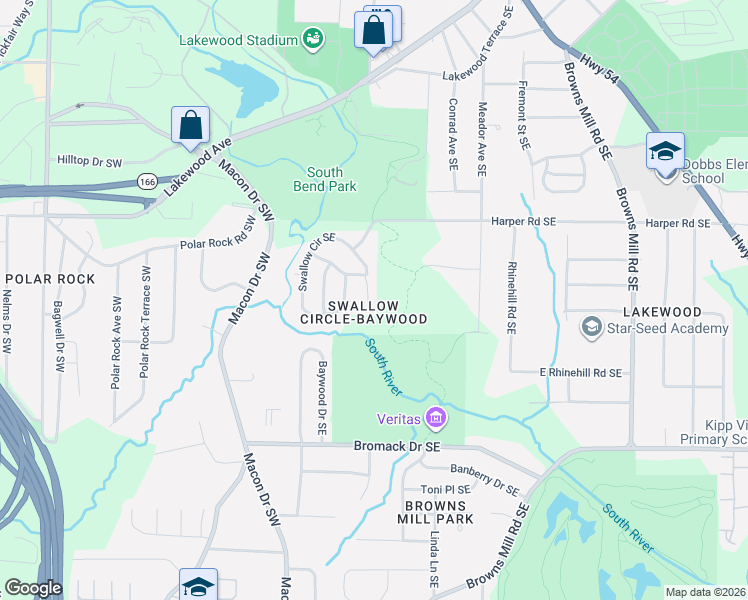 map of restaurants, bars, coffee shops, grocery stores, and more near 2485 Swallow Circle Southeast in Atlanta