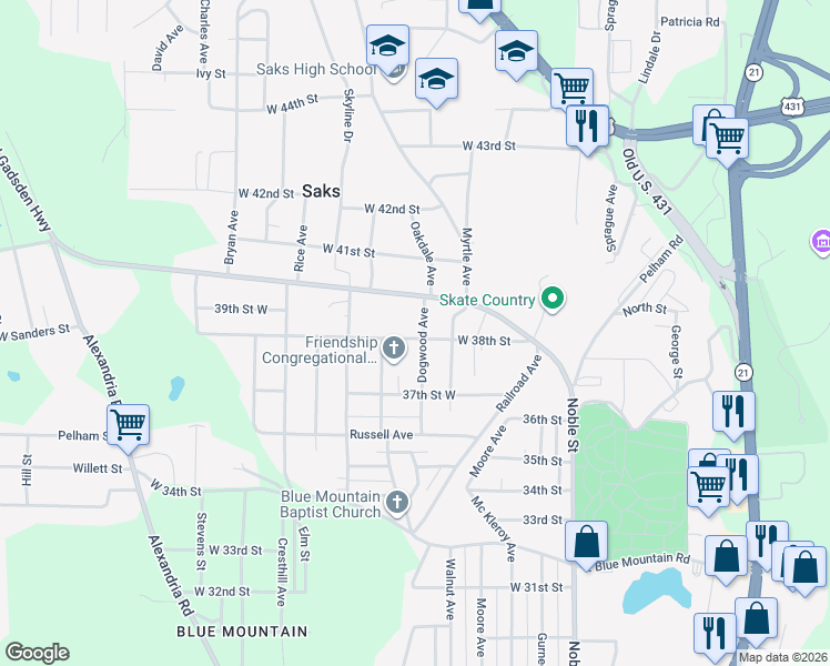 map of restaurants, bars, coffee shops, grocery stores, and more near 508 Dogwood Avenue in Anniston